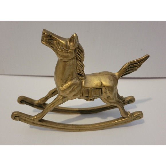 Vintage Solid Brass Rocking Horse Sculpture Figurine Animal Statue Equestrian - Picture 1 of 7